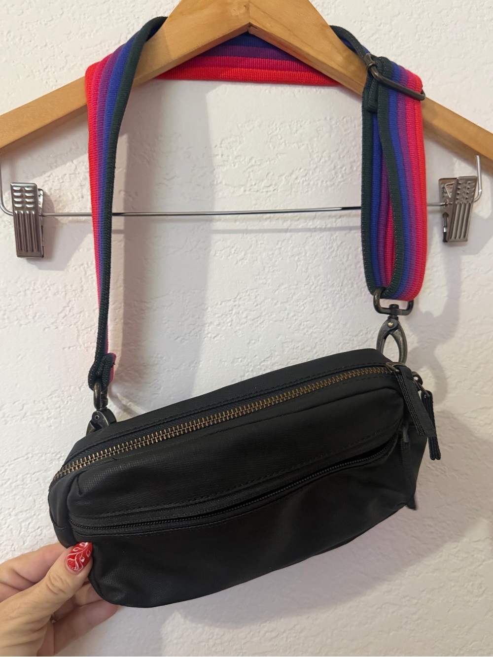 Marine Layer Crossbody Fanny Pack with red and purple strap